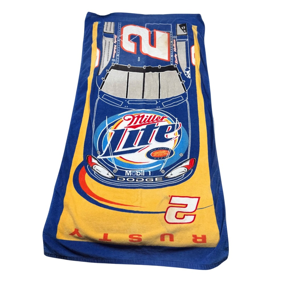 Vintage Rusty Wallace Miller Lite Dodge 2 NASCAR Beach Towel Blue Yellow 56x28